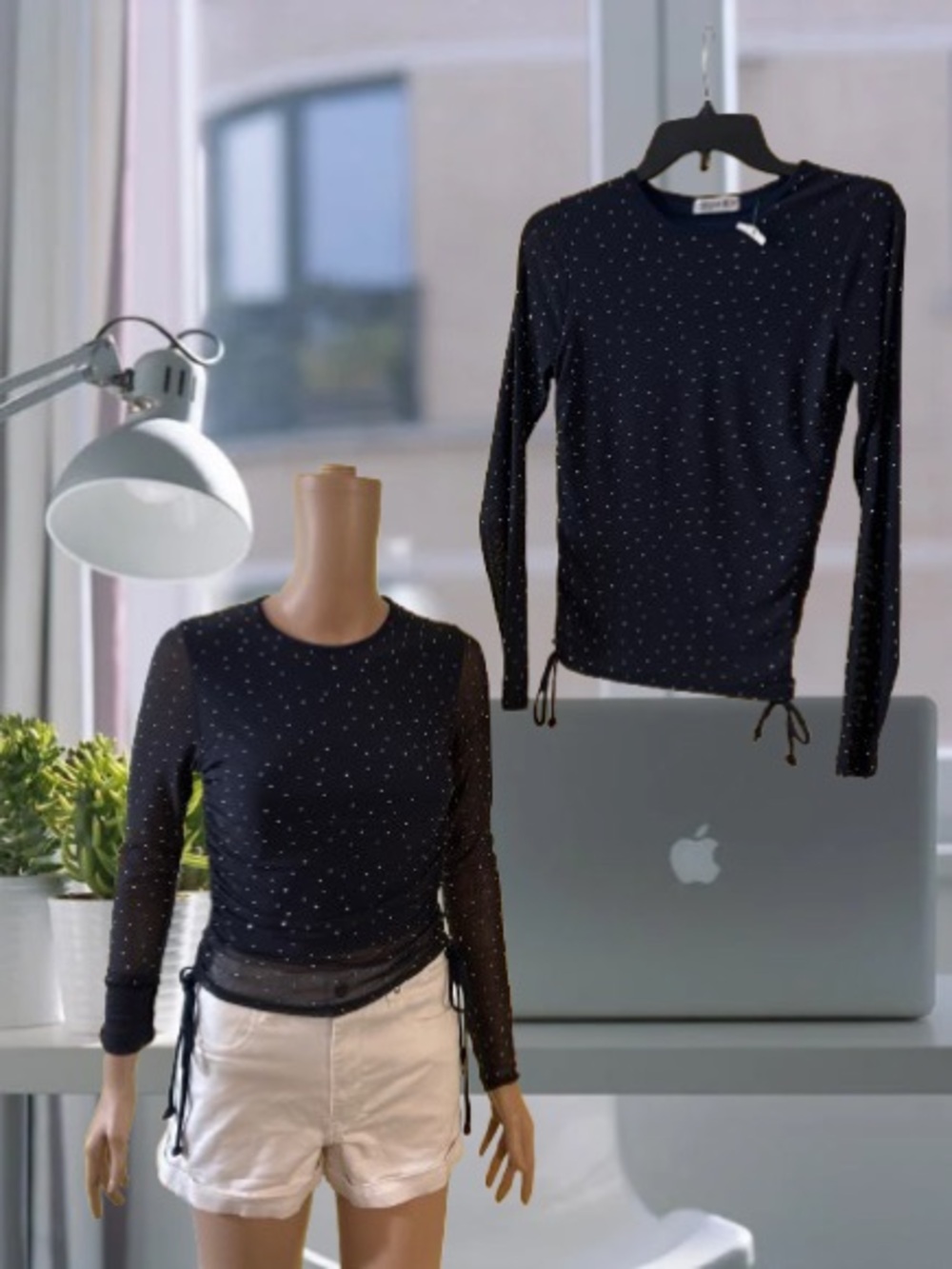 Ruched Navy Blue Long-Sleeve sheer mesh rhinestoneTee - Picture 5 of 6